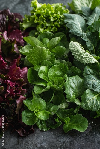 Fresh Assorted Leafy Greens on Dark Background - Vibrant and Healthy Vegetables for Cooking, Salads, and Healthy Eating