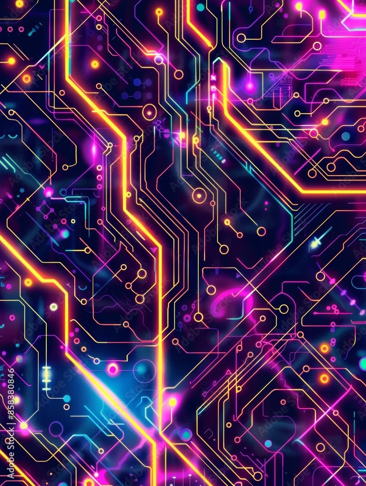 Digital circuit pattern, neon colors, technological theme, futuristic look. --ar 3:4 Job ID: 7e586384-656b-4f04-a0ee-ec07b7632217 Digital circuit pattern, neon colors, technological theme, futuristic look. --ar 3:4 Job ID: 7e586384-656b-4f04-a0ee-ec07b7632217