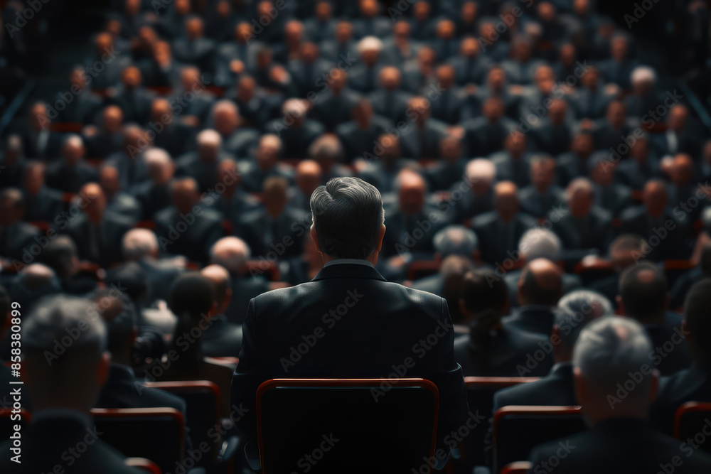 CEO addressing employees in a large corporate auditorium, realistic details, high resolution, copy space, leadership speech CEO addressing employees in a large corporate auditorium, realistic details, high resolution, copy space, leadership speech