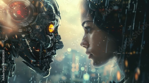 human woman facing ai robot concept of humanity vs artificial intelligence digital art