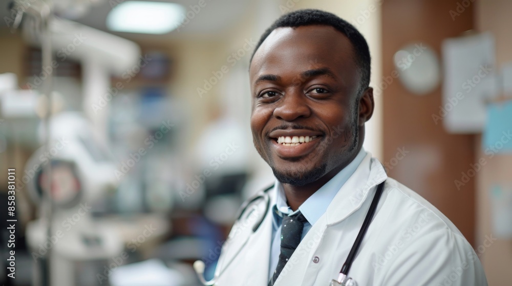 portrait of a friendly smiling African American young doctor in a white coat looking at the camera while in the clinic, copyspace portrait of a friendly smiling African American young doctor in a white coat looking at the camera while in the clinic, copyspace