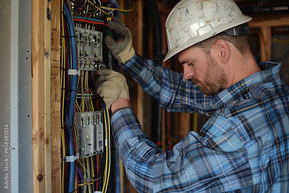 An electrician wearing safety gear works on exposed wiring in an open wall during a construction project. Generative AI An electrician wearing safety gear works on exposed wiring in an open wall during a construction project. Generative AI