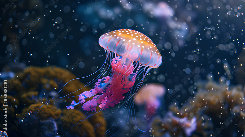 Fototapeta premium jellyfish with bright colors in the dark ocean