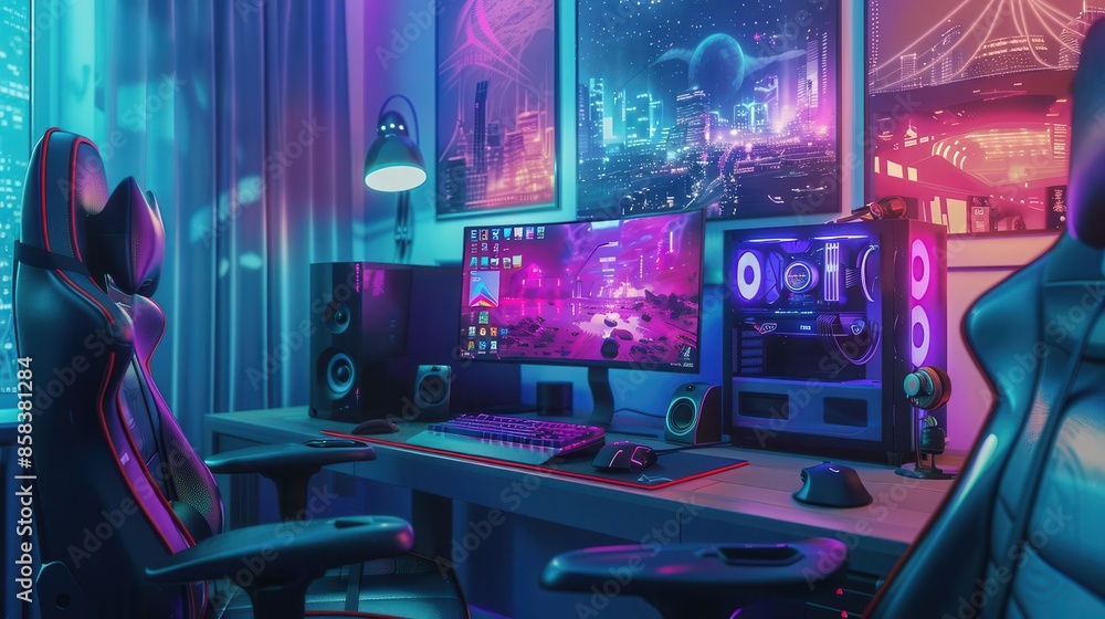 immersive gaming streamer setup with hightech peripherals and engaging visuals 3d illustration immersive gaming streamer setup with hightech peripherals and engaging visuals 3d illustration