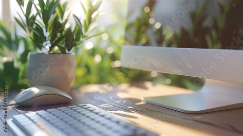 Macro shot of a detailed workspace featuring a keyboard, mouse, and desk plant, with sharp focus on the objects and a soft bokeh background effect, rendered in 32k UHD
