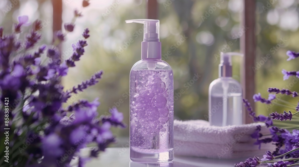 A bottle of lavender-scented hand sanitizer sits on a counter, surrounded by a bouquet of lavender flowers. A bottle of lavender-scented hand sanitizer sits on a counter, surrounded by a bouquet of lavender flowers.