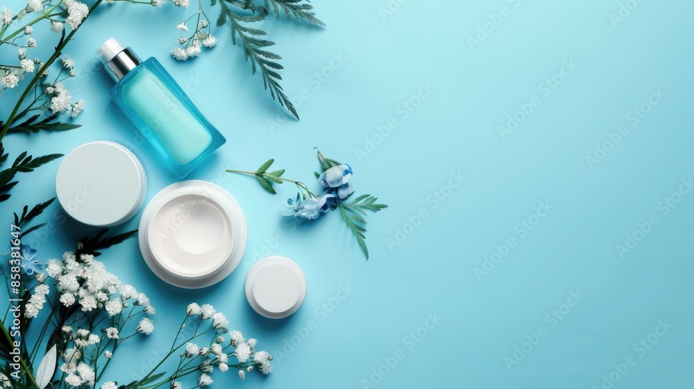 Skin care cosmetics displayed on a blue background with room for text Skin care cosmetics displayed on a blue background with room for text