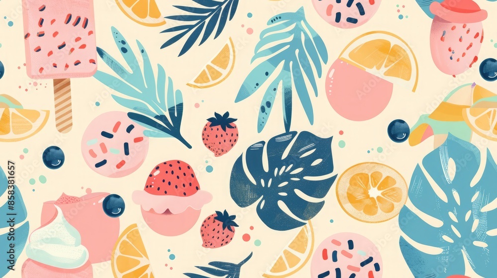 summer patterns with soft colors, including ice cream and beach balls for a tranquil feel summer patterns with soft colors, including ice cream and beach balls for a tranquil feel
