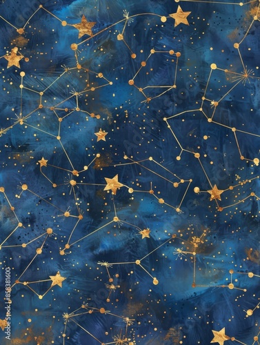 Dark Blue and Gold Starry Night Sky Constellation PatternElegant Design photo