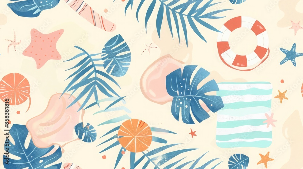 Relaxing summer patterns with soft colors, featuring swimming pool and beach towel motifs Relaxing summer patterns with soft colors, featuring swimming pool and beach towel motifs