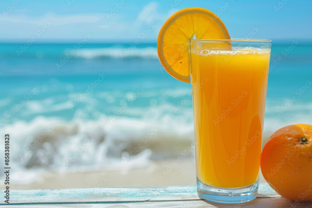 A glass filled with freshly squeezed orange juice stands against the backdrop of the sea and the beach. A glass filled with freshly squeezed orange juice stands against the backdrop of the sea and the beach.