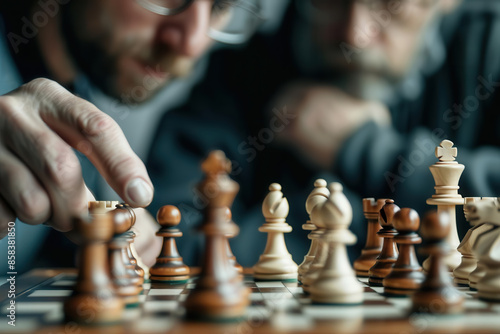 Chess players deeply focused on their game in a quiet room, realistic textures, high resolution, copy space, strategic competition