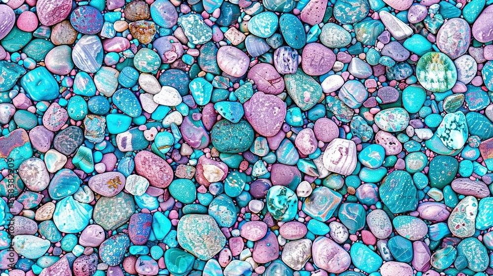 A close-up of a multicolored rock wall featuring pink, blue, and green stones A close-up of a multicolored rock wall featuring pink, blue, and green stones
