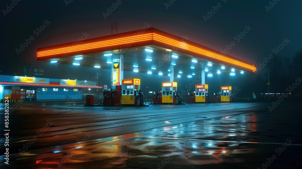 Fototapeta premium A petrol station at night, illuminated by bright lights and neon signs, against a dark background creating contrast and leaving space for additional text or branding 