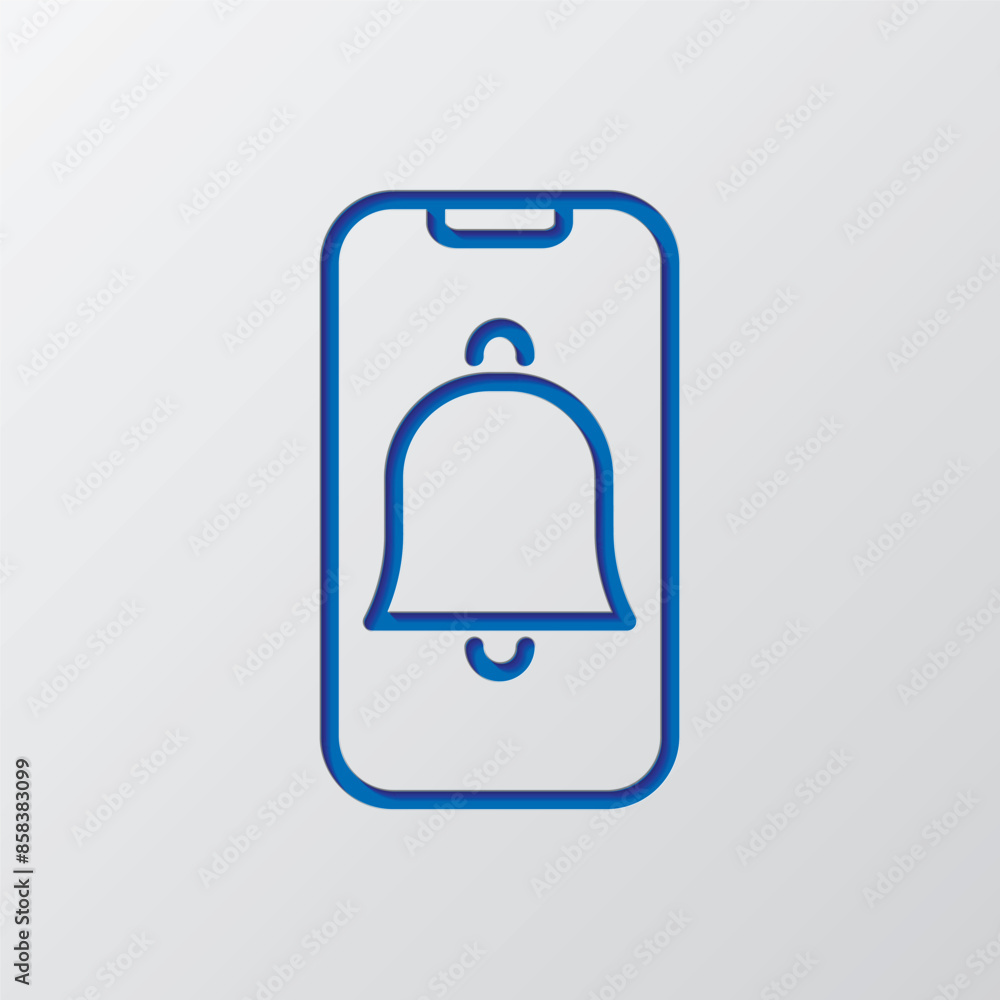 Phone notification, alarm simple icon vector. Flat design. Paper cut design. Cutted blue symbol with shadow. Gray background Phone notification, alarm simple icon vector. Flat design. Paper cut design. Cutted blue symbol with shadow. Gray background