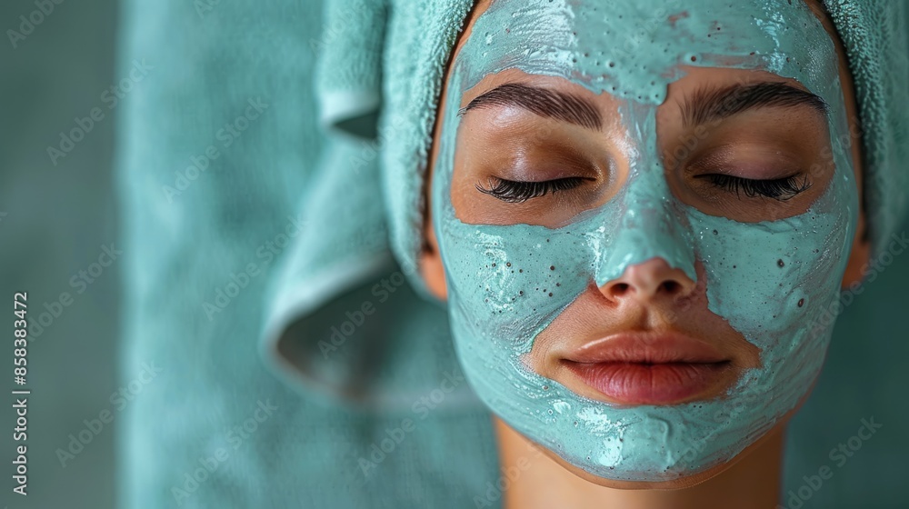 A woman is lying down with her eyes closed and a blue facial mask applied to her face. She is likely at a spa or salon, enjoying a relaxing treatment for her skin A woman is lying down with her eyes closed and a blue facial mask applied to her face. She is likely at a spa or salon, enjoying a relaxing treatment for her skin