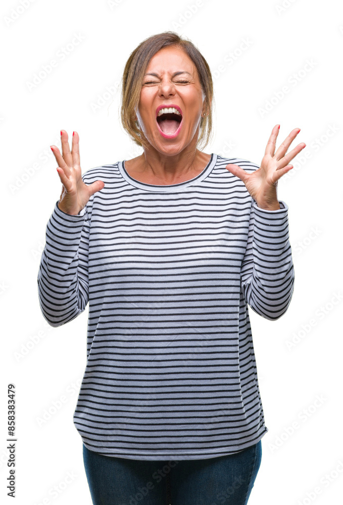 Middle age senior hispanic woman over isolated background celebrating mad and crazy for success with arms raised and closed eyes screaming excited. Winner concept Middle age senior hispanic woman over isolated background celebrating mad and crazy for success with arms raised and closed eyes screaming excited. Winner concept
