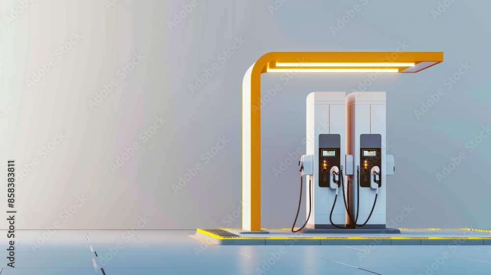 An electric vehicle charging station at a gas station, showcasing the transition to alternative fuels, against a neutral background with space for promotional content full body on white background An electric vehicle charging station at a gas station, showcasing the transition to alternative fuels, against a neutral background with space for promotional content full body on white background