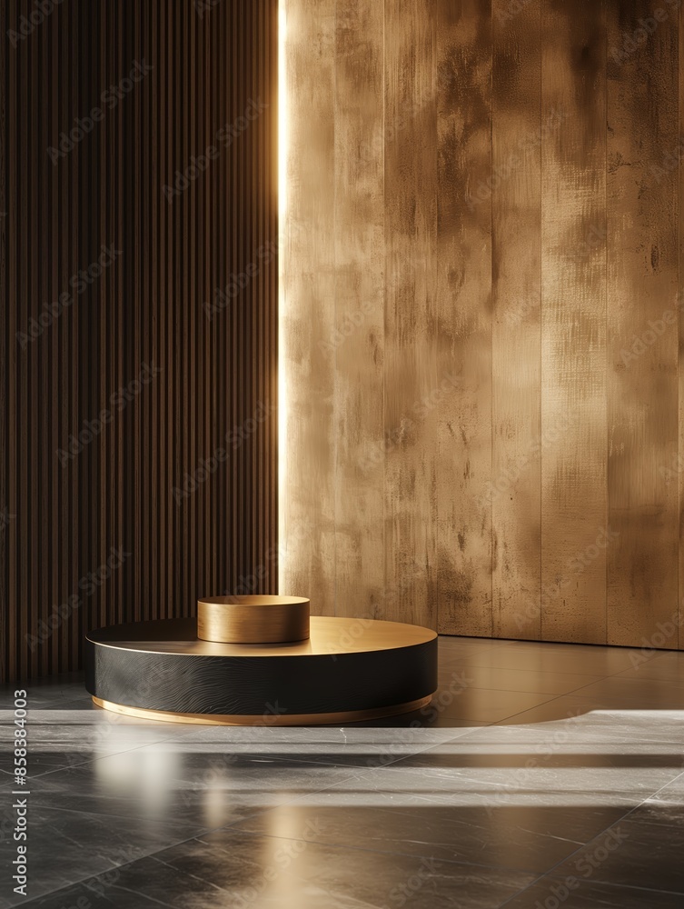 Elegant minimalist podium with golden and black elements against a sleek modern background for product presentation or showcase. Elegant minimalist podium with golden and black elements against a sleek modern background for product presentation or showcase.