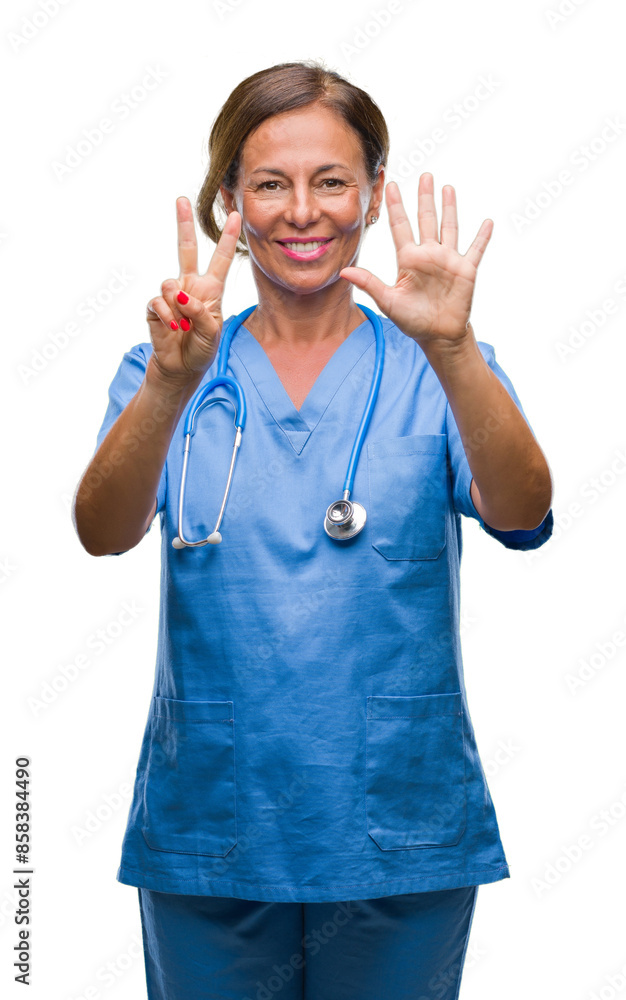 Middle age senior nurse doctor woman over isolated background showing and pointing up with fingers number seven while smiling confident and happy. Middle age senior nurse doctor woman over isolated background showing and pointing up with fingers number seven while smiling confident and happy.