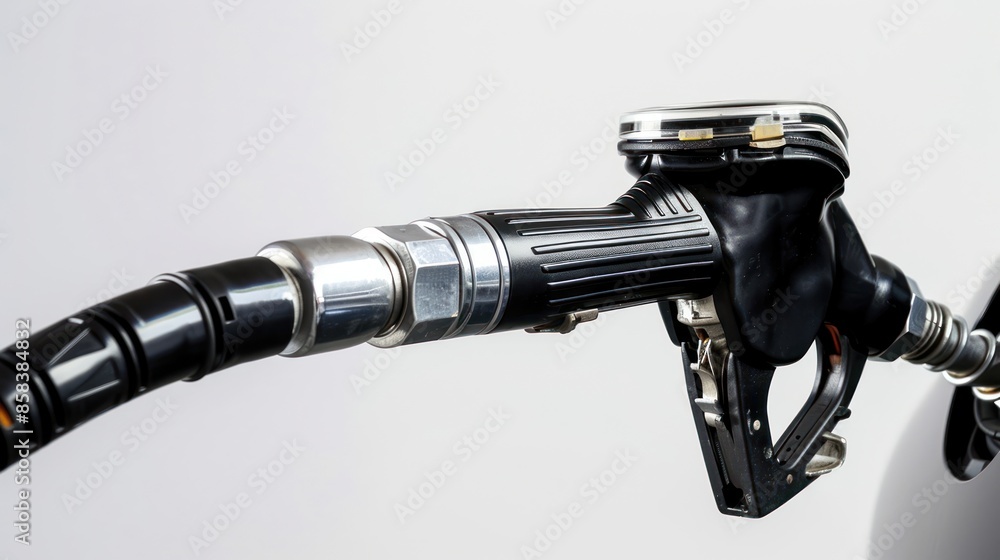 A close-up of a fuel pump at a gas station, with the nozzle inserted into a vehicle's gas tank, against a plain backdrop providing room for copy or graphics full body on white background A close-up of a fuel pump at a gas station, with the nozzle inserted into a vehicle's gas tank, against a plain backdrop providing room for copy or graphics full body on white background