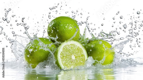 limes splashing in water citrus fruit healthy food isolated on white concept photo