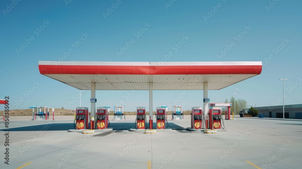 Fototapeta premium A gas station with multiple fuel pumps, set against a clear blue sky or neutral background, leaving ample space for text or branding
