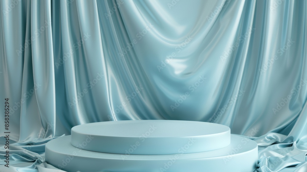 Two-tiered circular display platform on baby blue silk satin drapery Two-tiered circular display platform on baby blue silk satin drapery