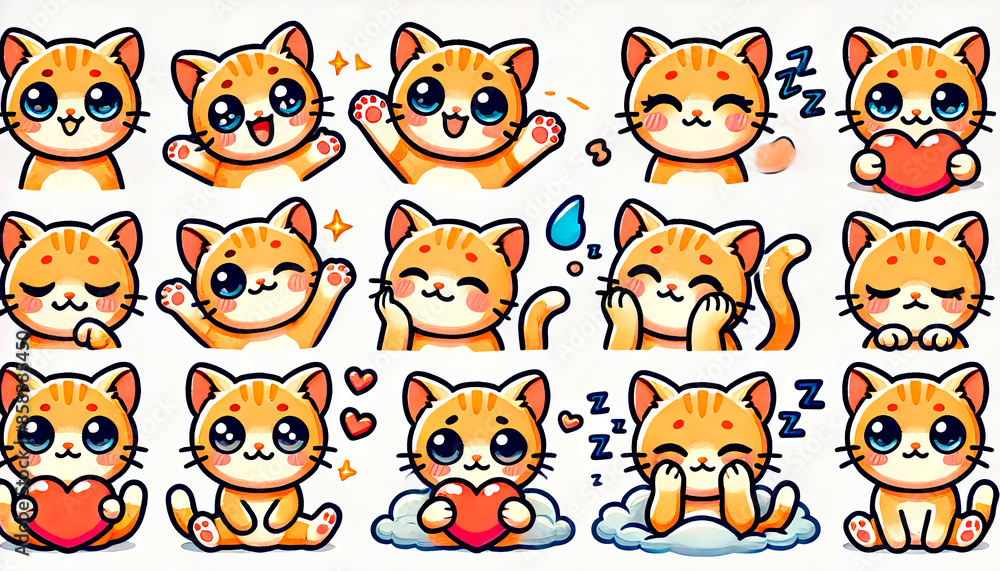 Cute cartoon cat stickers with various expressions and poses, perfect for children’s products, educational materials, merchandise, stationery, and playful designs. Cute cartoon cat stickers with various expressions and poses, perfect for children’s products, educational materials, merchandise, stationery, and playful designs.