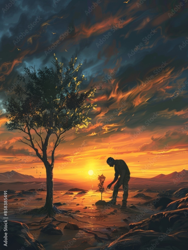 Fototapeta premium Man plantingtree indesert at sunset, realistic nature landscape photo.
