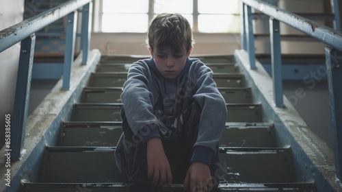 lonely school boy sitting on stairs victim of bullying childhood mental health concept photo