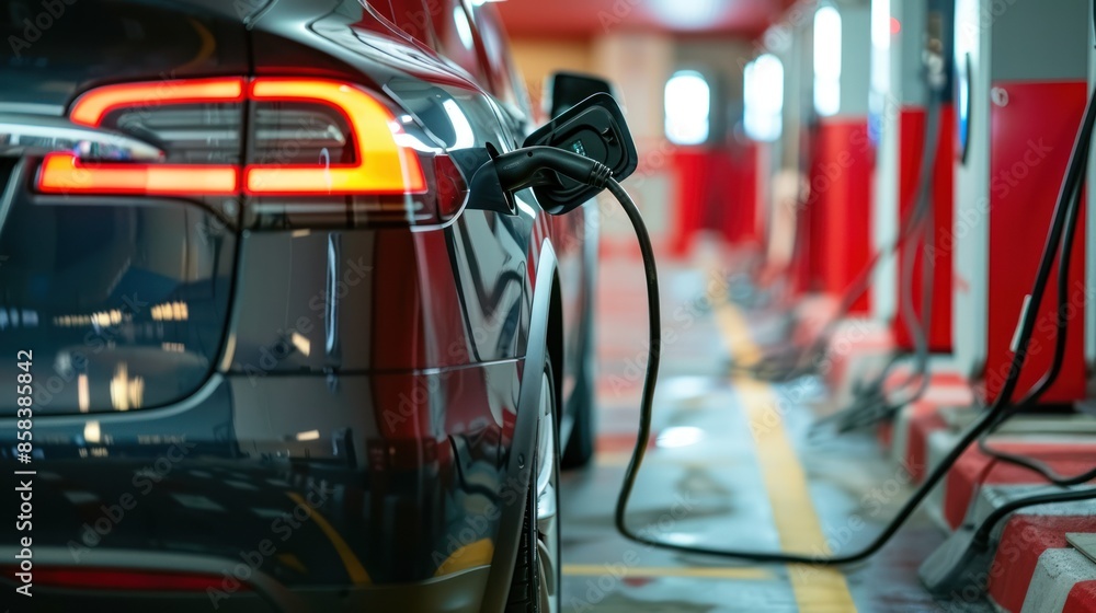 An electric car parked in a charging bay at a charging station, with the charging cable plugged in and the car's battery level displayed on the dashboard An electric car parked in a charging bay at a charging station, with the charging cable plugged in and the car's battery level displayed on the dashboard