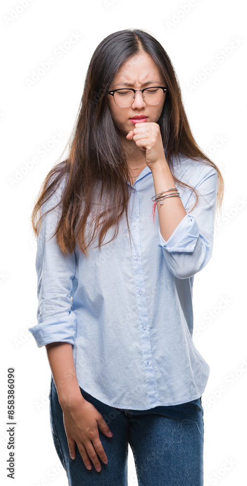 Young asian business woman wearing glasses over isolated background feeling unwell and coughing as symptom for cold or bronchitis. Healthcare concept. Young asian business woman wearing glasses over isolated background feeling unwell and coughing as symptom for cold or bronchitis. Healthcare concept.