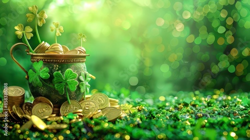 lucky pot of gold coins and shamrocks on vivid green st patricks day background digital illustration