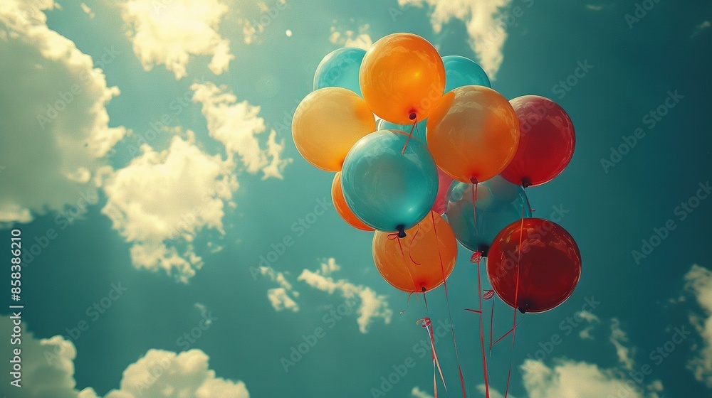 A group of balloons drifting against the blue canvas of the sky and scattered white clouds in the backdrop A group of balloons drifting against the blue canvas of the sky and scattered white clouds in the backdrop