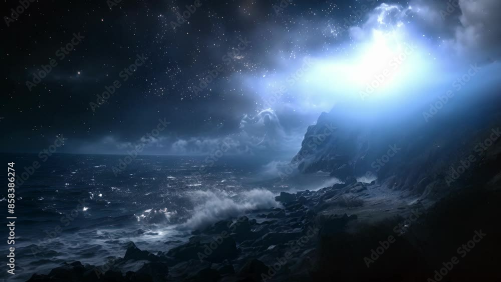 The rocky shore is silent save for the soft footsteps of the translucent figure as it drifts along the waters edge its shimmering form reflecting the starry night sky above. The rocky shore is silent save for the soft footsteps of the translucent figure as it drifts along the waters edge its shimmering form reflecting the starry night sky above.