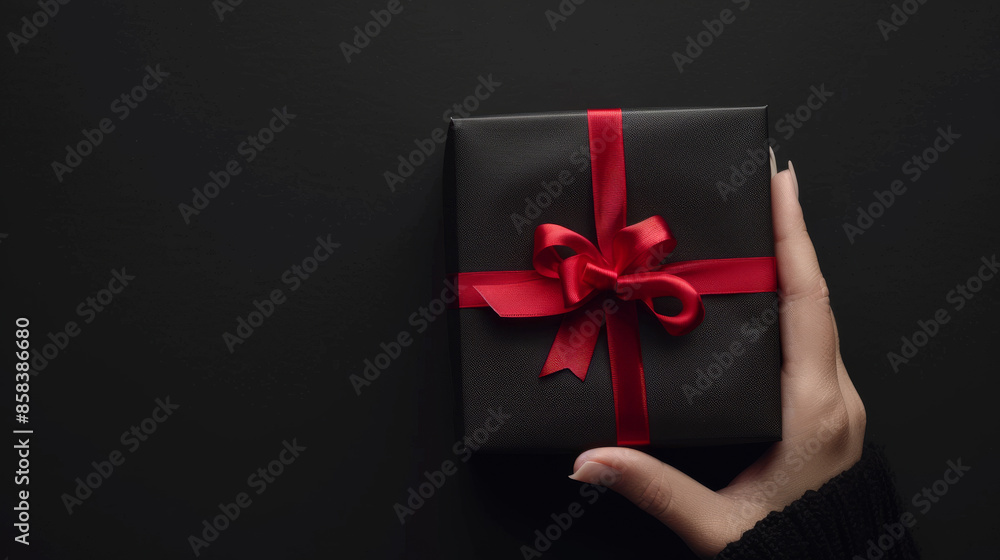 Black Friday sale concept: A woman's hand holding a black gift box with a red bow against a black background. Symbolizing discounts and shopping excitement. Black Friday sale concept: A woman's hand holding a black gift box with a red bow against a black background. Symbolizing discounts and shopping excitement.