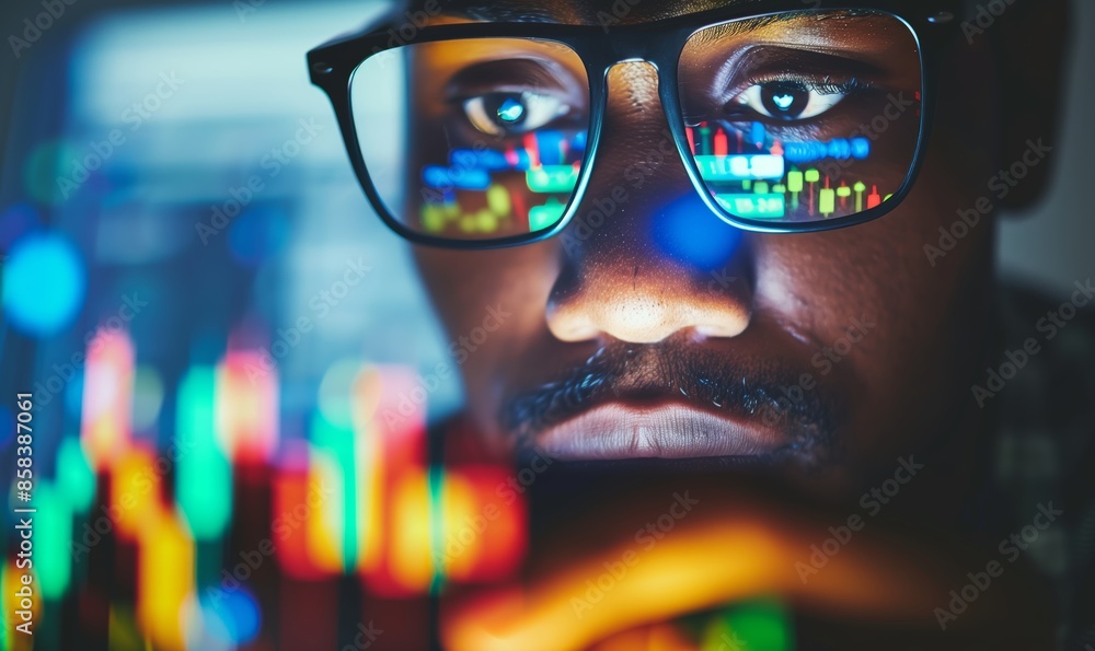 African American man in glasses looking at computer screen with stock market charts reflected, close-up shot with dark background and blurred lights, focused expression, high resolution photography African American man in glasses looking at computer screen with stock market charts reflected, close-up shot with dark background and blurred lights, focused expression, high resolution photography