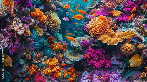 Underwater image of a coral reef with many different types of fish. © Farm