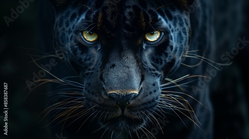Front view of Panther on black background. Wild animals banner with copy space. Predator series.