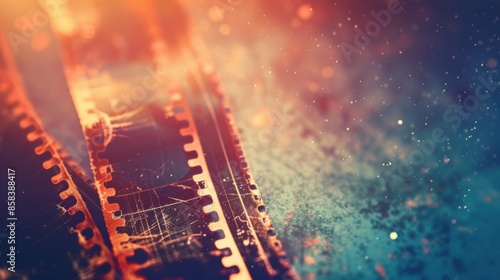 Close-up of vintage filmstrip with grunge texture and light flare photo