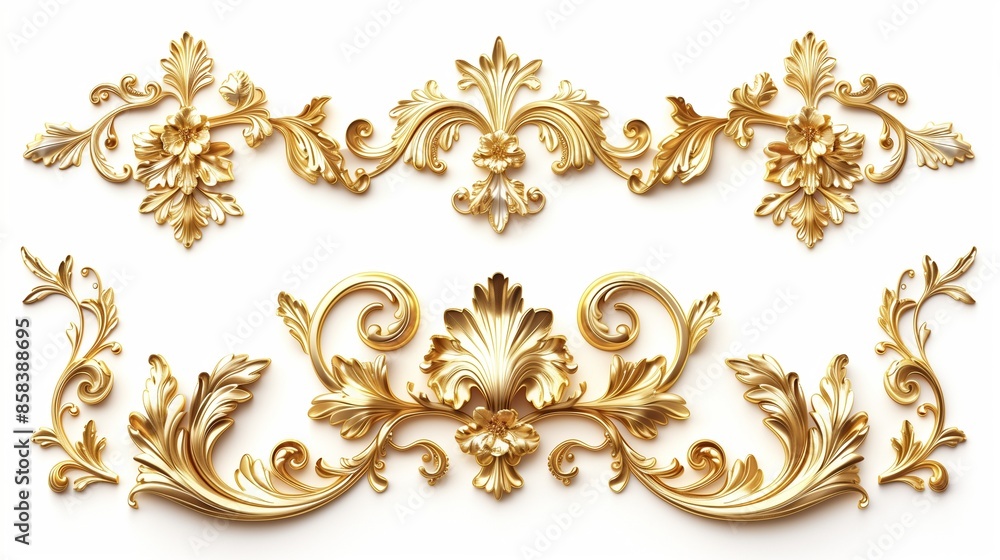 Golden baroque ornament elements isolated on white transparent background Golden baroque ornament elements isolated on white transparent background