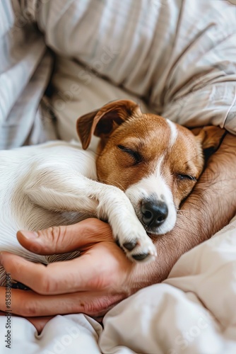 Emotional support. A man's hands hold a sleeping Russell Terrier puppy. Heartfelt serenity in grasp. © Евгений Федоров