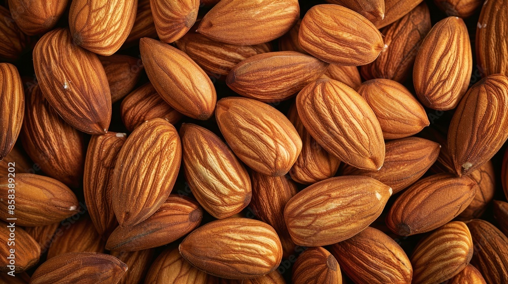 Almond nuts on a wooden table with scattered kernels Almond nuts on a wooden table with scattered kernels