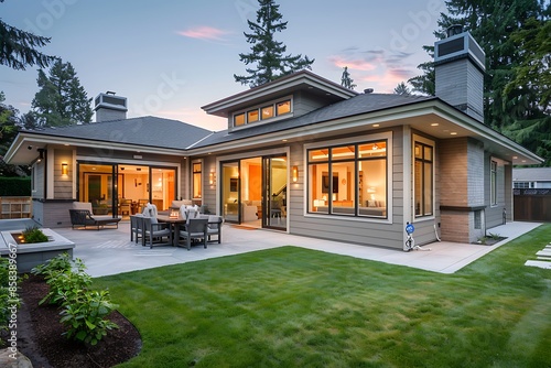 Modern newly constructed Craftsman house in soft gray with a spacious backyard and a patio