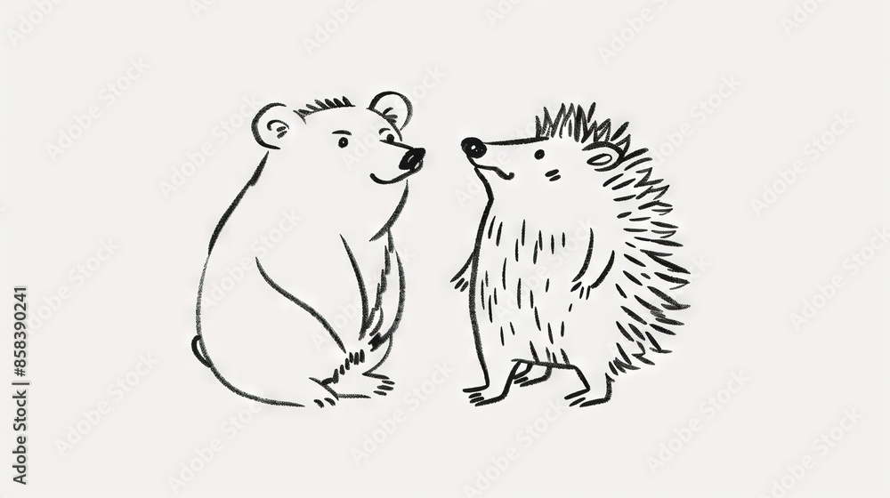 Two hedgehogs face each other in a black and white drawing One looks directly at the other Two hedgehogs face each other in a black and white drawing One looks directly at the other