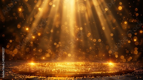 Podium with golden light lamps background. Golden light award stage with rays and sparks
