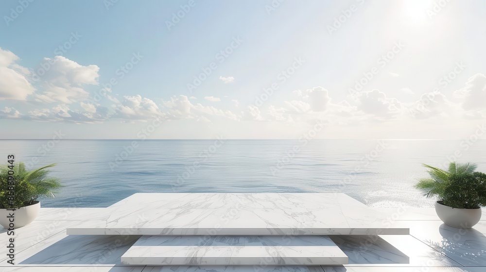 luxurious white marble podium with serene sea view 3d rendering luxurious white marble podium with serene sea view 3d rendering