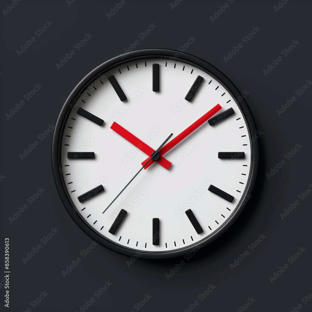 Modern minimalist wall clock with black and red hands on a dark background, symbolizing time and precision. Modern minimalist wall clock with black and red hands on a dark background, symbolizing time and precision.