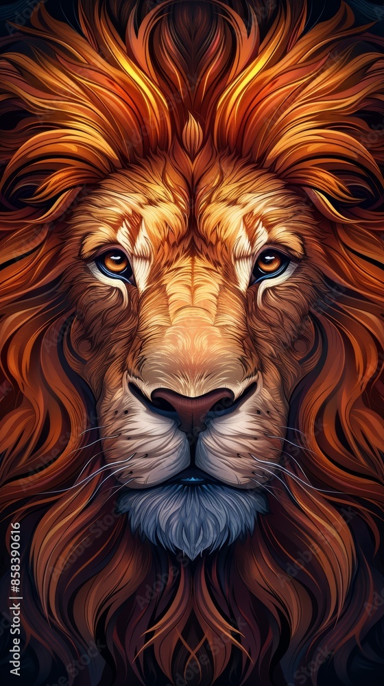 Obraz premium Majestic lion portrait with a vibrant mane and intense gaze, capturing the essence of strength and majesty in a detailed digital artwork.